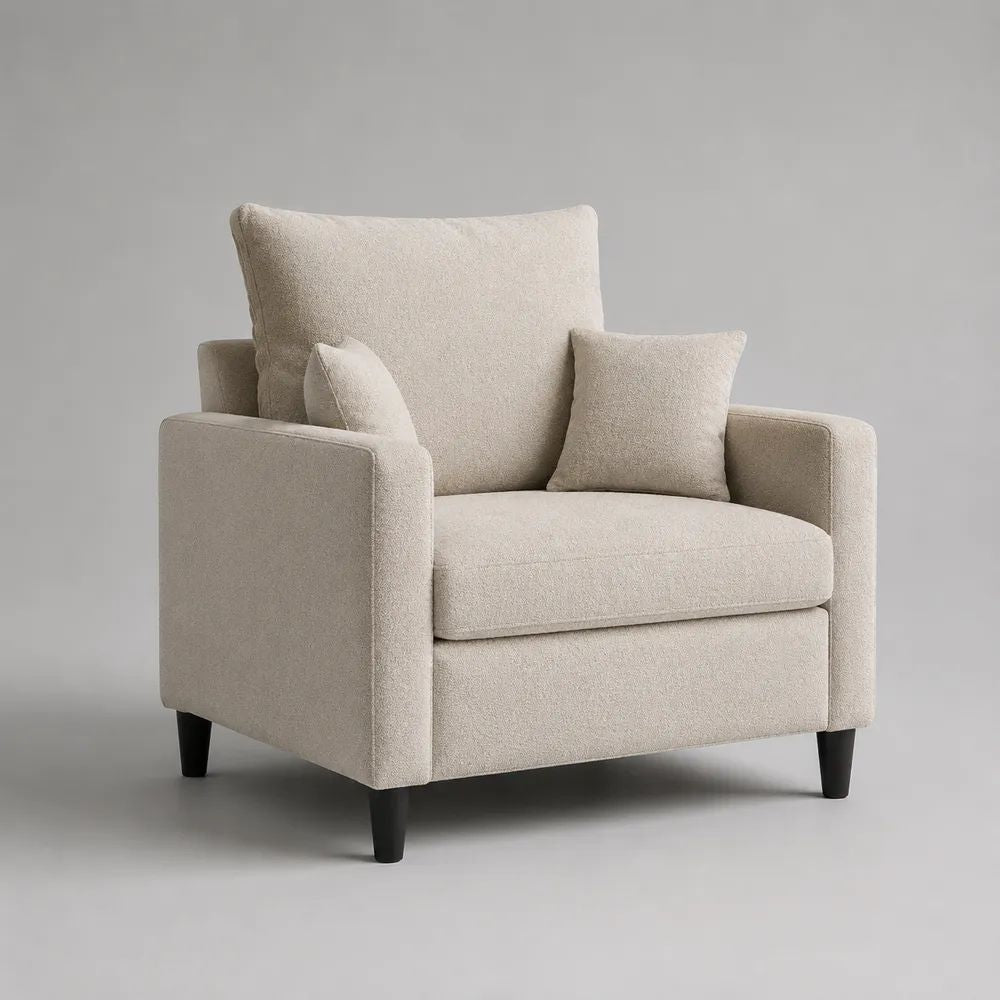 Fauteuil 1 place en tissu bouclette écru avec accoudoirs et pieds noirs, 92 x 90 x 98 cm