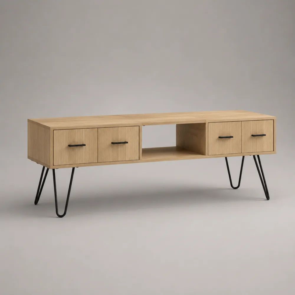 Meuble TV rectangulaire en bois et métal avec 4 portes et niche ouverte, chêne naturel et noir, 140 × 40 × 60 cm