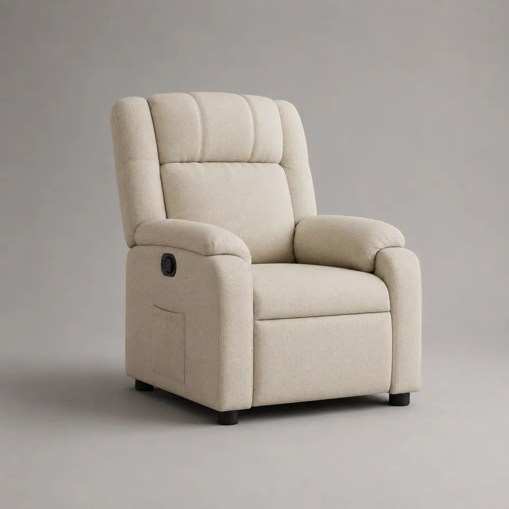 Fauteuil relax manuel en tissu bouclé crème avec repose-pieds intégré, 80 x 90 x 102 cm