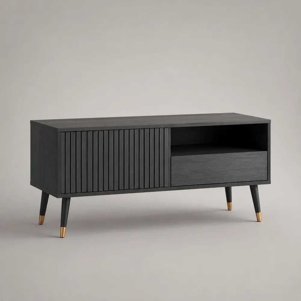 Meuble TV avec rangement en MDF mélaminé noir et laiton, 120 x 40 x 65 cm