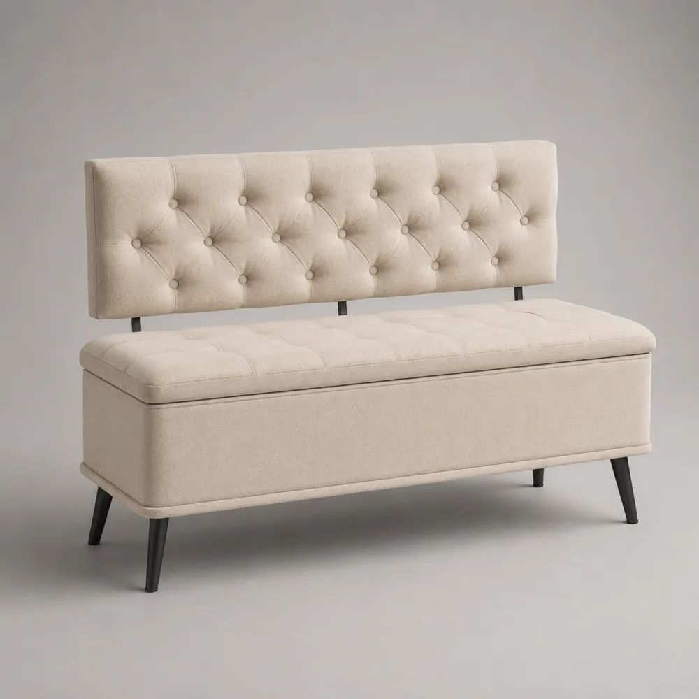 Banc coffre de rangement 2 places avec dossier capitonné en tissu beige et pieds en métal noir, 120 × 45 × 88 cm