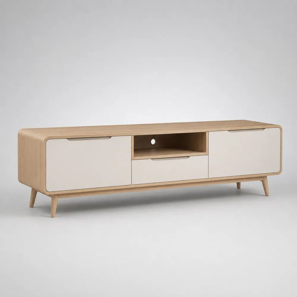Meuble TV 2 portes et 1 tiroir en MDF plaqué chêne et hévéa massif, chêne naturel et blanc cassé, 180 × 40 × 60 cm