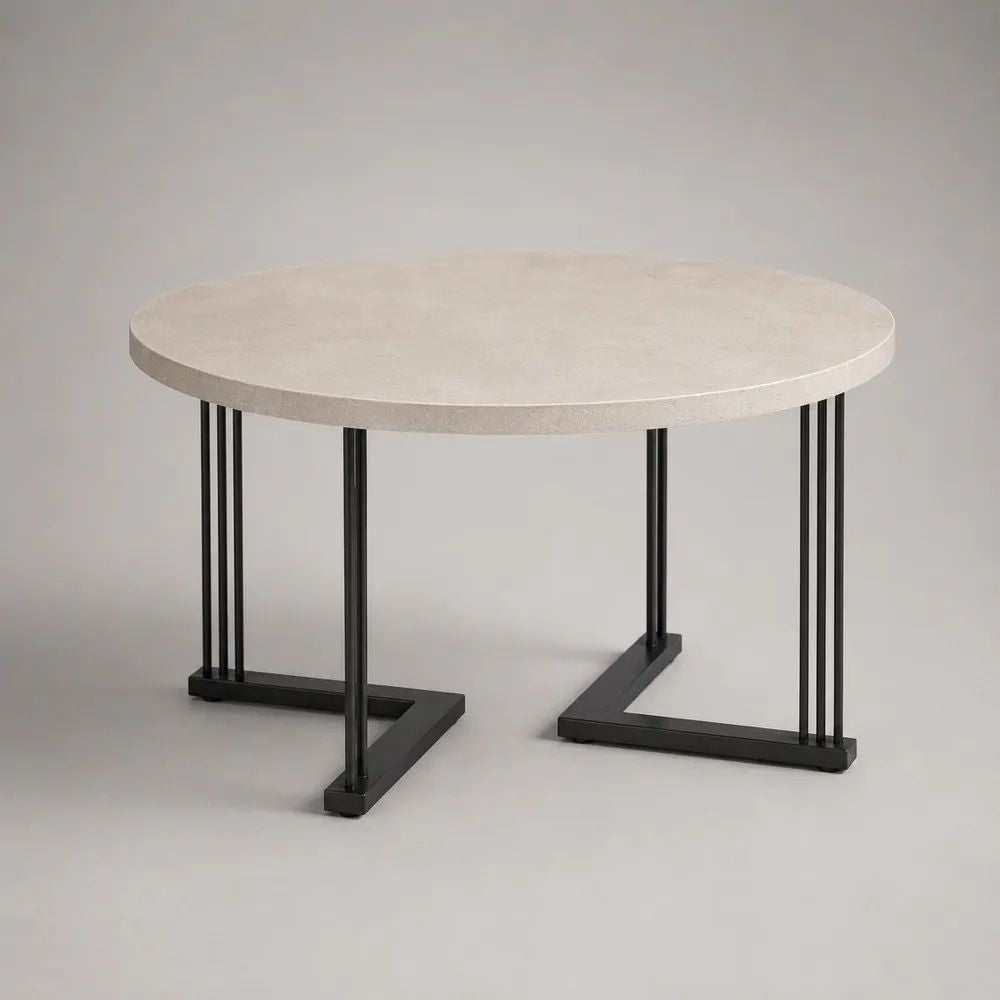 Table basse ronde avec plateau MDF effet pierre beige et piètement en acier noir, Ø 80 × H 45 cm