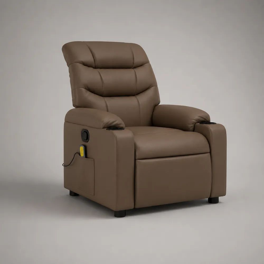 Fauteuil relax inclinable massant en similicuir marron taupe avec 2 porte-gobelets, 95 × 92 × 105 cm