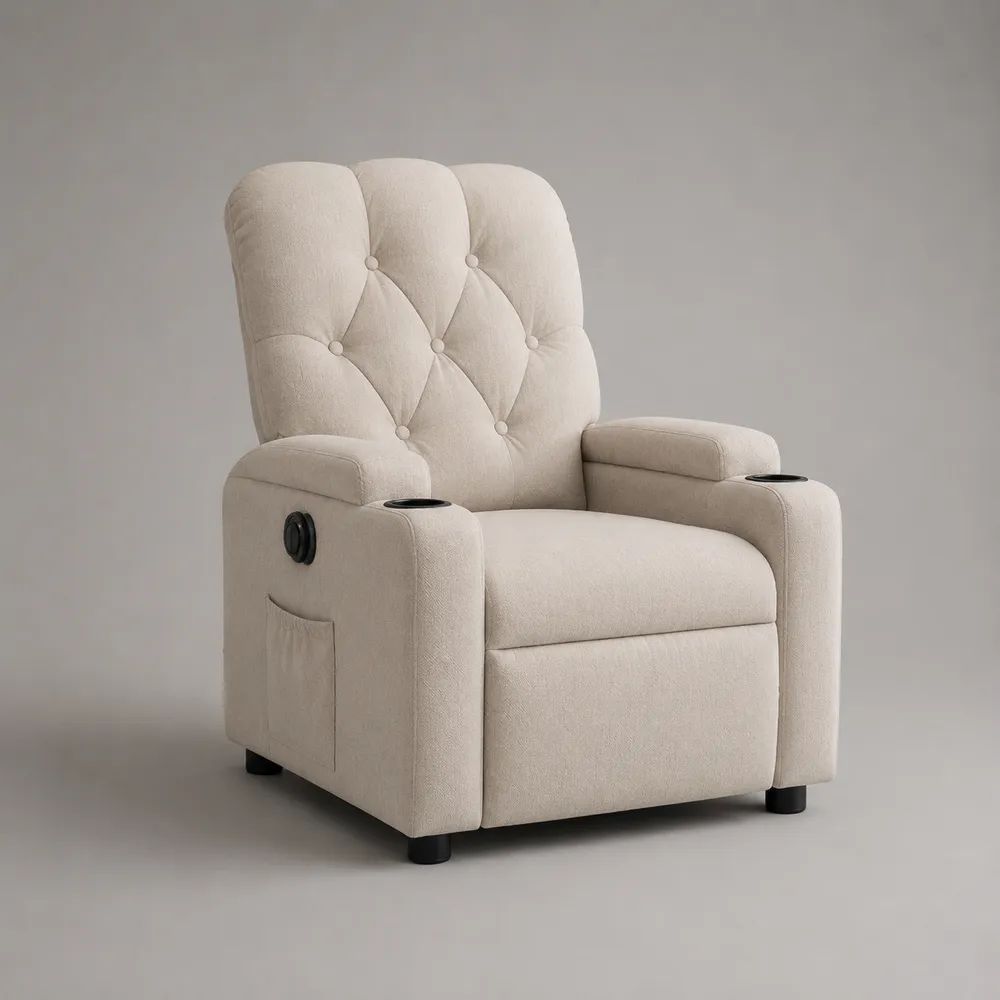 Fauteuil relax manuel 1 place en tissu bouclé crème avec repose-pieds, 2 porte-gobelets et poche latérale, 84 × 90 × 105 cm