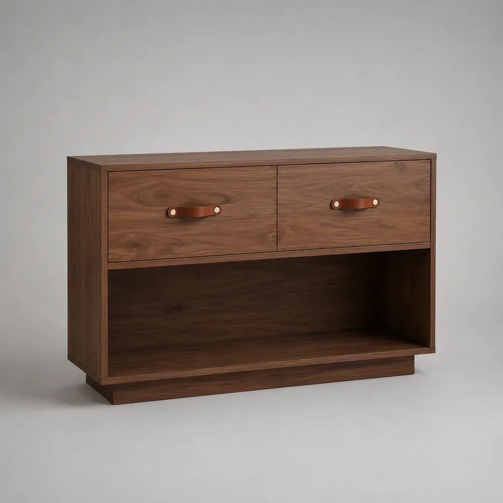 Meuble TV rectangulaire en bois MDF mélaminé brun noyer avec 2 tiroirs et niche ouverte, 110 x 40 x 75 cm