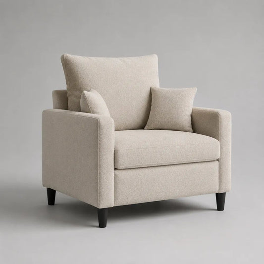 Fauteuil 1 place en tissu bouclette écru avec accoudoirs et pieds noirs, 92 x 90 x 98 cm