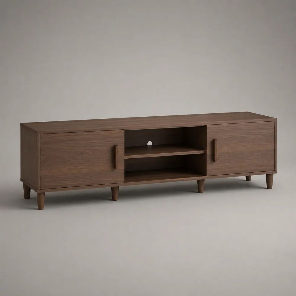 Meuble TV bas avec 2 portes et 2 niches en MDF plaqué noyer marron, 160 x 40 x 55 cm