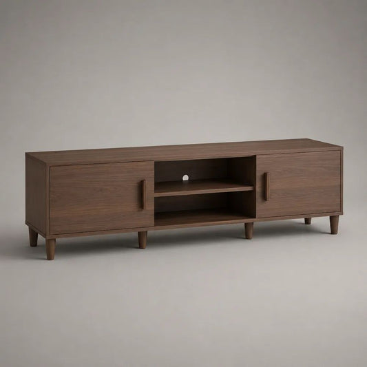 Meuble TV bas avec 2 portes et 2 niches en MDF plaqué noyer marron, 160 x 40 x 55 cm