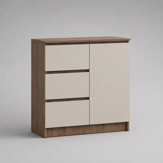 Commode basse rectangulaire en panneaux de particules mélaminés, 3 tiroirs et 1 porte, chêne naturel et blanc cassé, 80 × 40 × 85 cm
