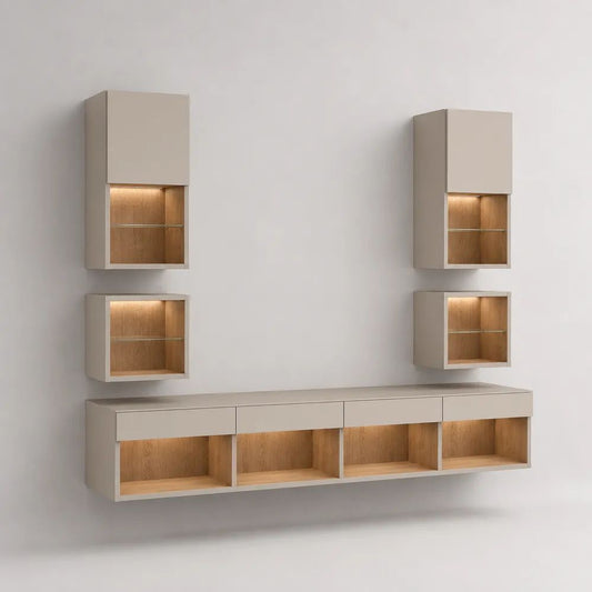 Ensemble meuble TV mural suspendu 5 pièces en panneaux mélaminés et verre, grège et chêne naturel, 240 × 40 × 180 cm