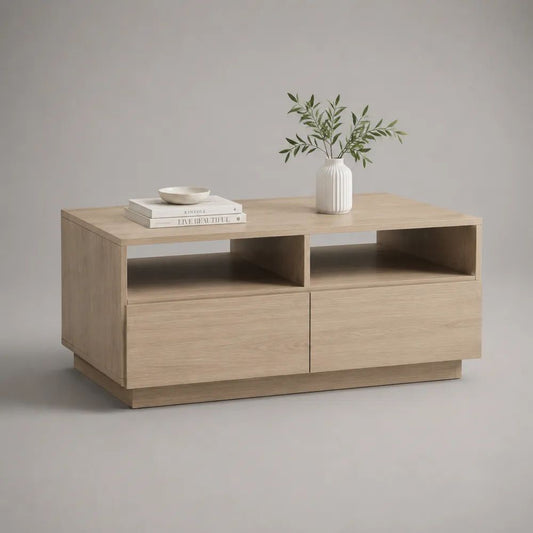 Table basse rectangulaire en panneaux de particules effet chêne clair avec 2 tiroirs et 2 niches, 100 × 55 × 45 cm