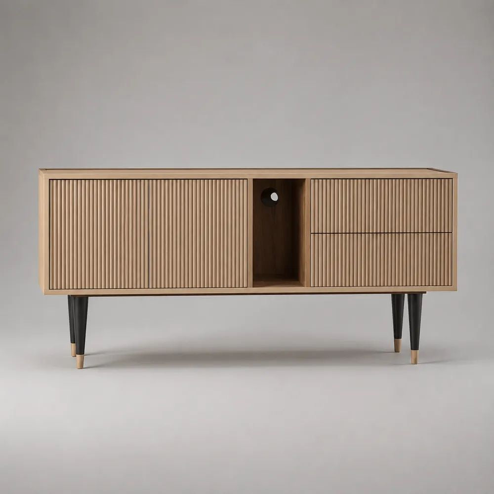Meuble TV rectangulaire en bois et MDF, chêne naturel et noir, 2 portes, 2 tiroirs et 1 niche, 140 × 40 × 75 cm