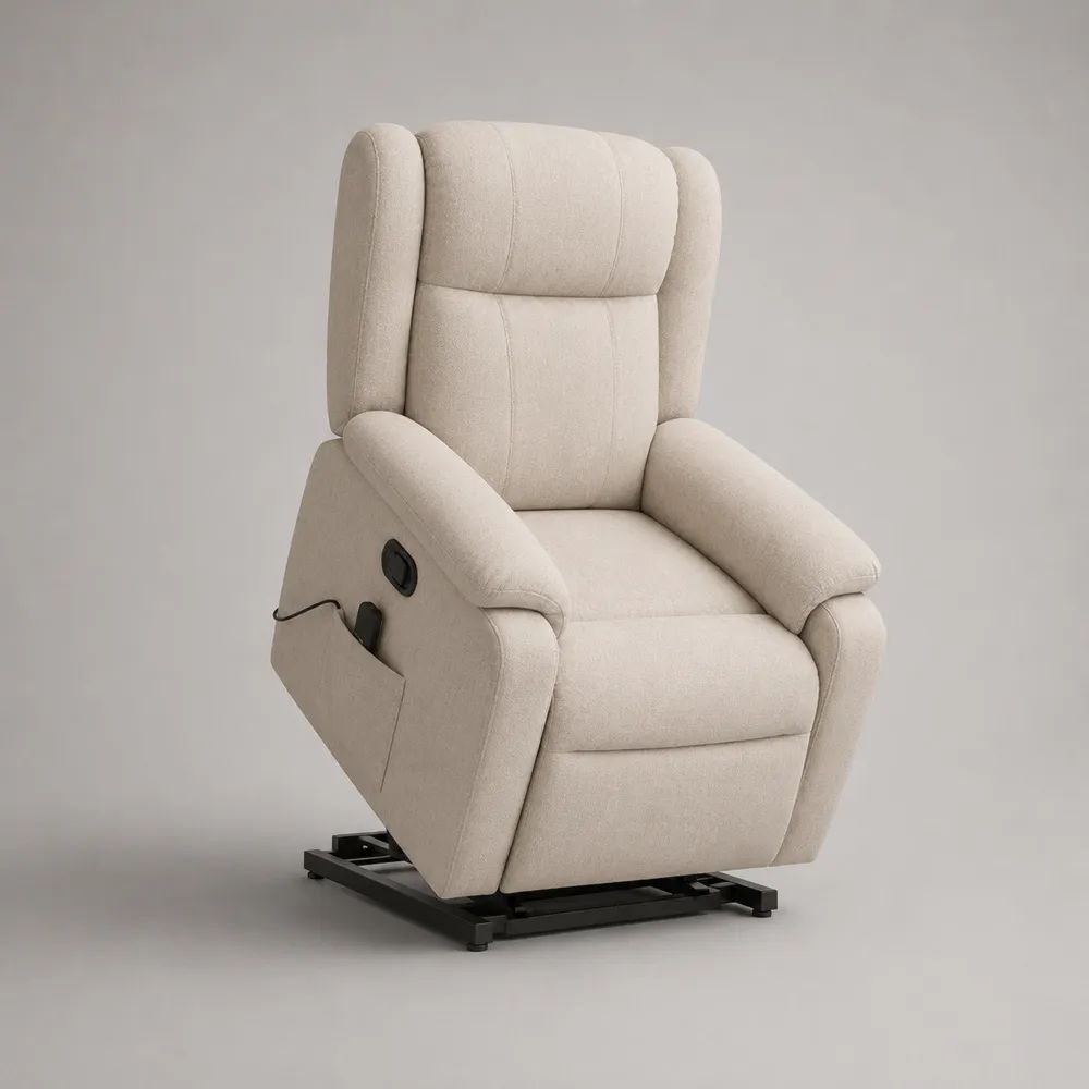 Fauteuil releveur électrique inclinable en tissu bouclé blanc cassé et métal noir, 78 × 90 × 108 cm