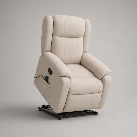Fauteuil releveur électrique inclinable en tissu bouclé blanc cassé et métal noir, 78 × 90 × 108 cm