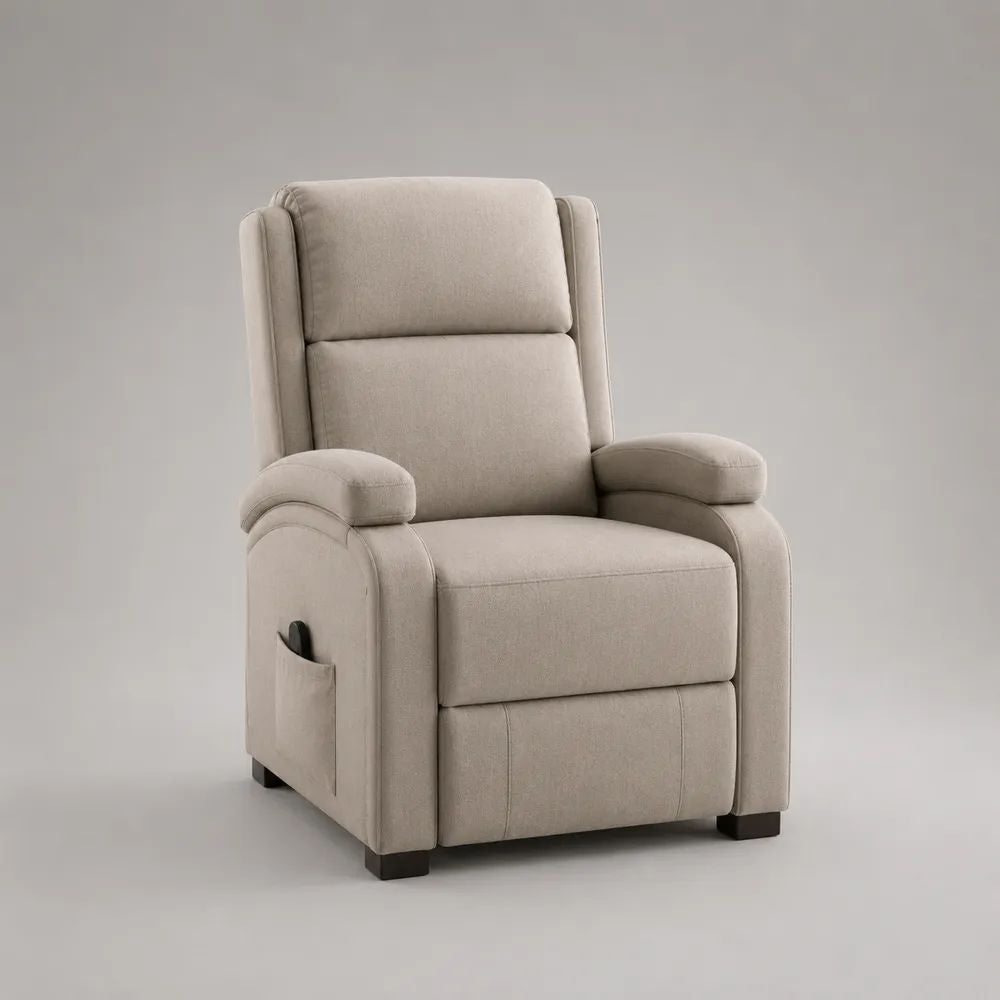 Fauteuil relax manuel en tissu beige avec dossier inclinable, repose-pieds et accoudoirs arrondis, L 78 x P 92 x H 105 cm