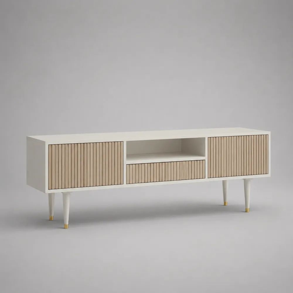 Meuble TV rectangulaire en MDF rainuré blanc mat et chêne clair, 2 portes, 1 tiroir et 1 niche, 160 x 40 x 65 cm