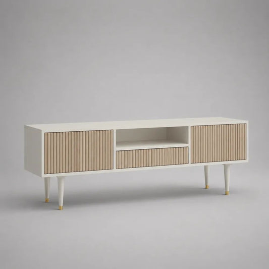 Meuble TV rectangulaire en MDF rainuré blanc mat et chêne clair, 2 portes, 1 tiroir et 1 niche, 160 x 40 x 65 cm