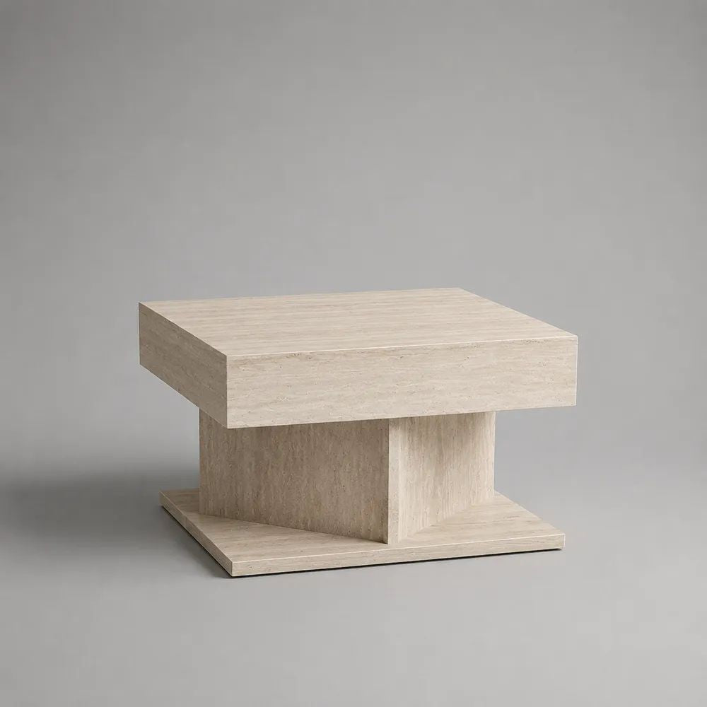 Table basse carrée en travertin beige, 80 × 80 × 40 cm