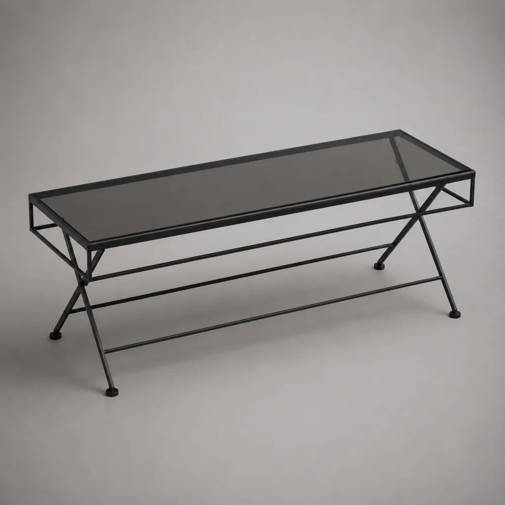 Table basse rectangulaire en verre trempé fumé et acier noir, 100 × 50 × 45 cm
