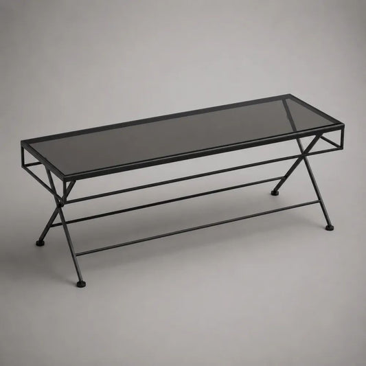 Table basse rectangulaire en verre trempé fumé et acier noir, 100 × 50 × 45 cm