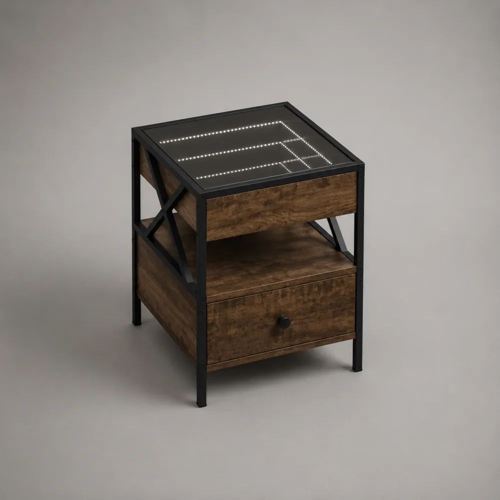 Table d’appoint carrée avec éclairage LED et rangement, acier noir, panneau de particules marron et verre, 40 × 40 × 60 cm