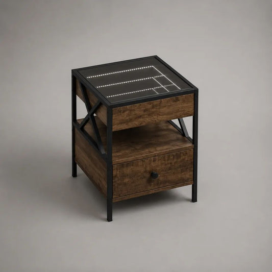 Table d’appoint carrée avec éclairage LED et rangement, acier noir, panneau de particules marron et verre, 40 × 40 × 60 cm