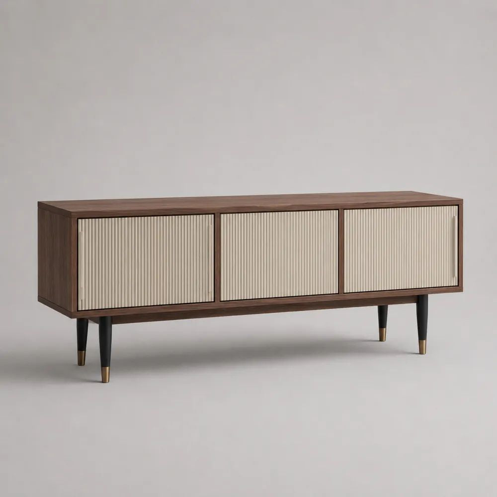 Meuble TV en MDF plaqué noyer avec 3 portes rainurées beiges, 150 x 40 x 70 cm