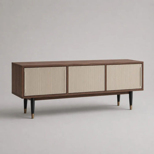 Meuble TV en MDF plaqué noyer avec 3 portes rainurées beiges, 150 x 40 x 70 cm