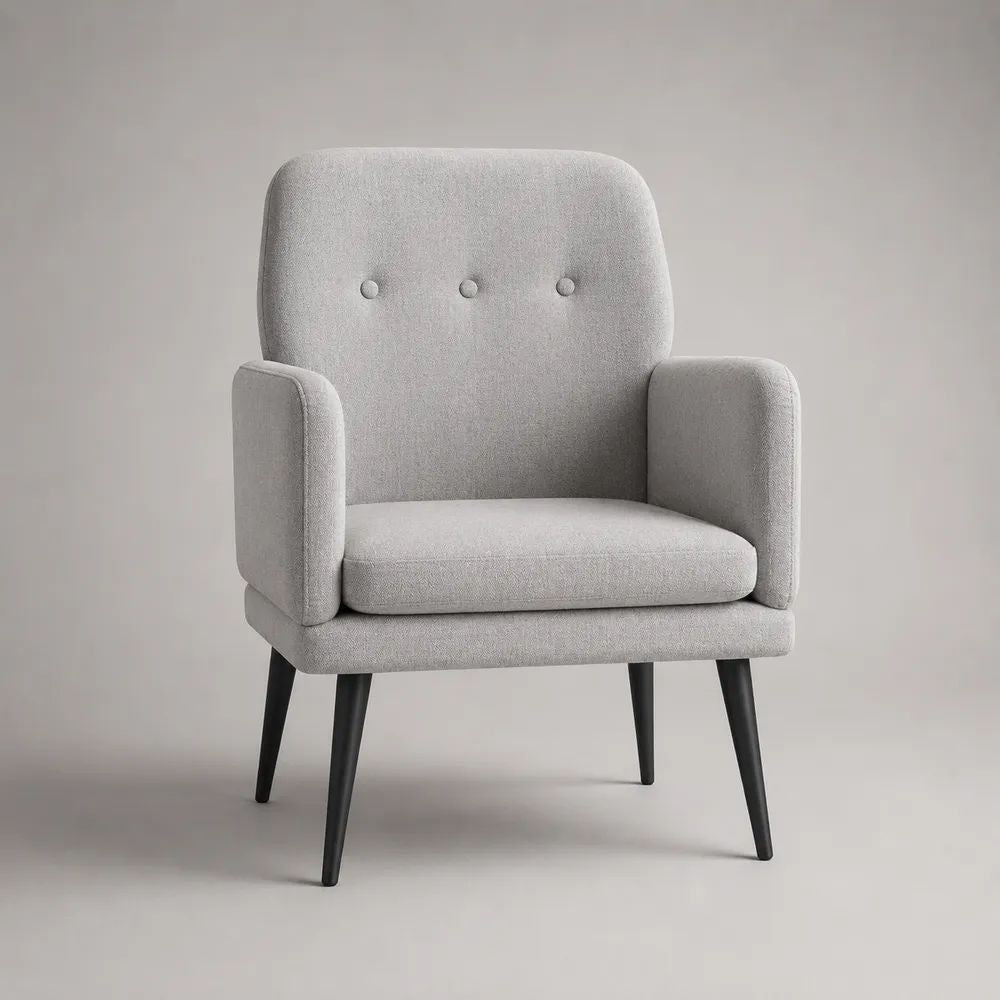 Fauteuil de salon 1 place en polyester gris clair avec pieds en hévéa massif noirs, 74 x 76 x 88 cm