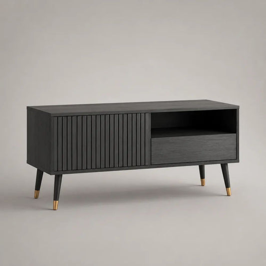 Meuble TV avec rangement en MDF mélaminé noir et laiton, 120 x 40 x 65 cm