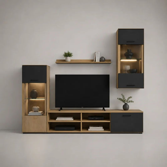 Ensemble meuble TV mural 4 pièces en bois et verre, chêne naturel et anthracite, 235 x 40 x 200 cm