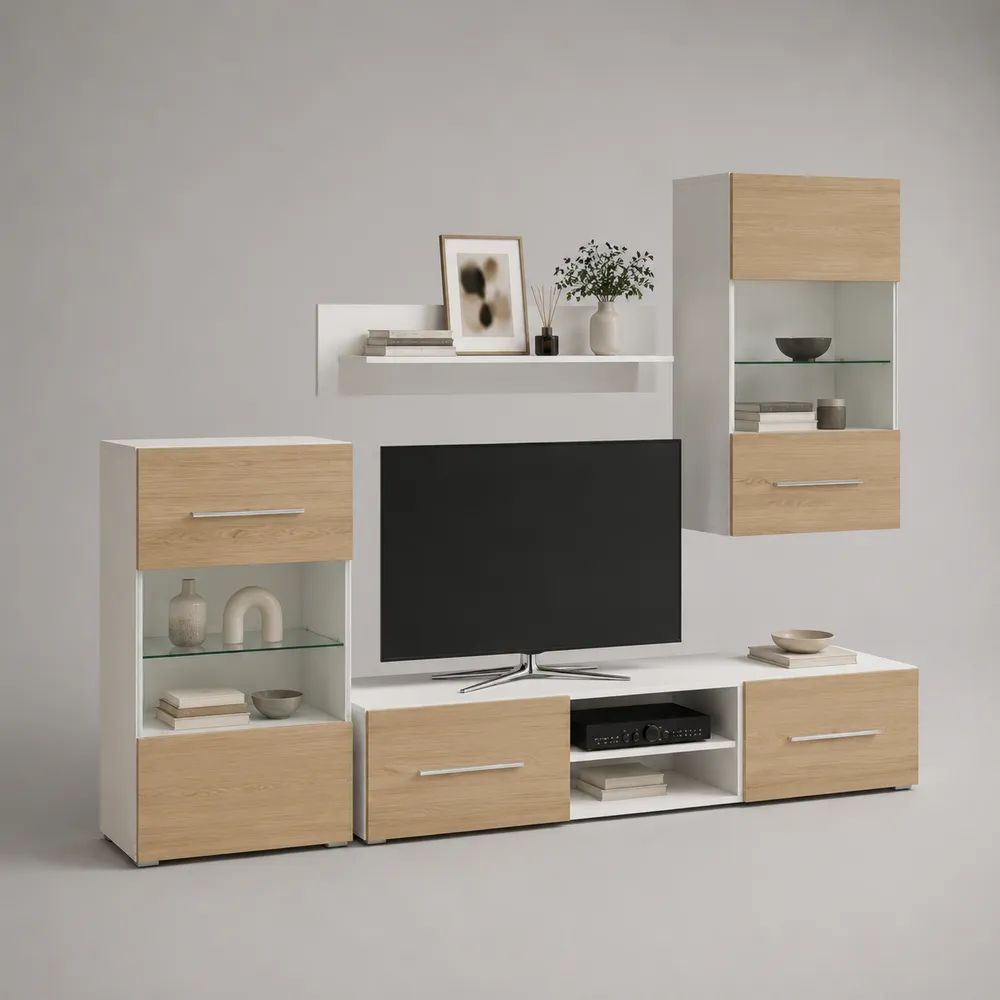 Ensemble mural meuble TV 5 pièces en panneaux de particules, métal et verre, blanc et chêne naturel, 220 × 40 × 195 cm