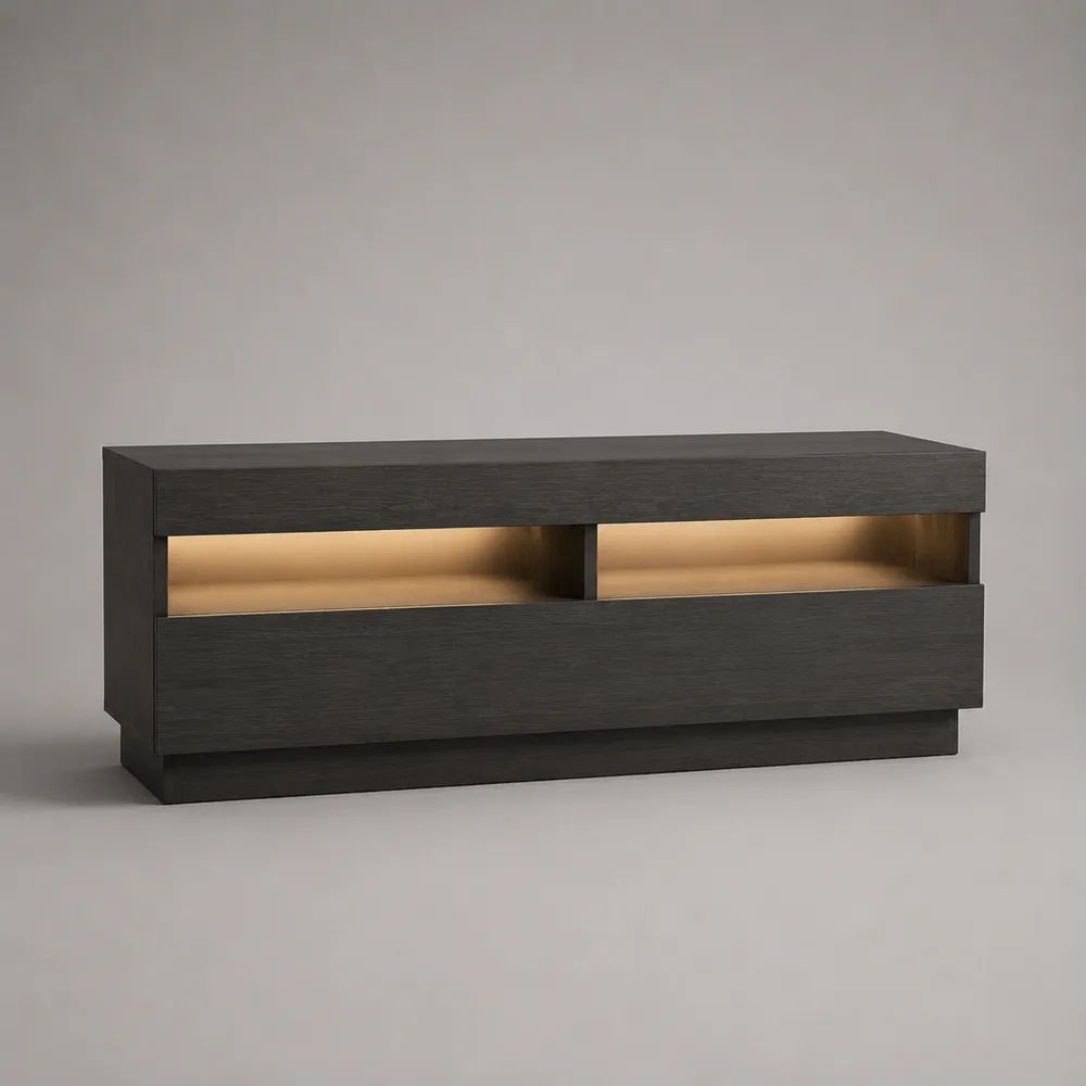 Meuble TV rectangulaire noir en panneaux de particules mélaminés avec rangements et éclairage LED blanc chaud, 140 × 40 × 60 cm