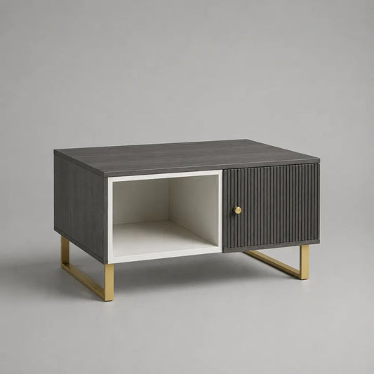 Table basse rectangulaire avec rangement en MDF mélaminé gris foncé et blanc, acier doré, 80 x 45 x 50 cm