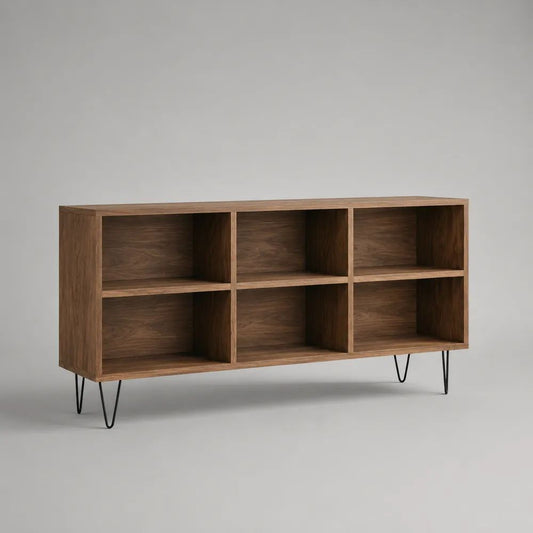 Meuble TV bas rectangulaire en bois à 6 niches, décor noyer et pieds en métal noir, 120 × 35 × 70 cm
