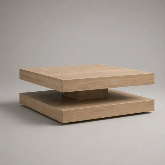 Table basse carrée en MDF plaqué chêne clair à double plateau, 80 × 80 × 30 cm