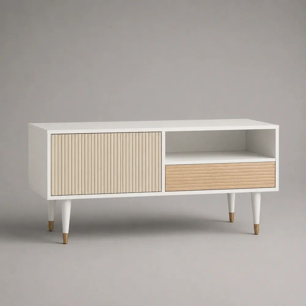 Meuble TV rectangulaire en MDF et bois massif avec porte, tiroir et niche, blanc et chêne clair, 120 × 40 × 70 cm