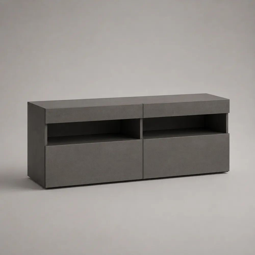 Meuble TV bas gris anthracite en panneaux de particules mélaminés avec 2 tiroirs, 2 portes et 2 niches, 120 × 35 × 60 cm