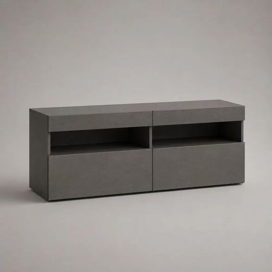 Meuble TV bas gris anthracite en panneaux de particules mélaminés avec 2 tiroirs, 2 portes et 2 niches, 120 × 35 × 60 cm