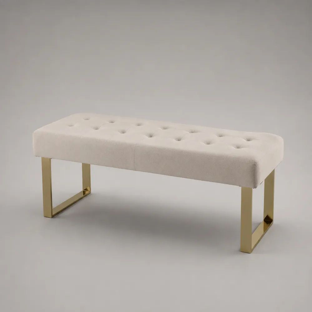 Banc bout de lit capitonné rectangulaire en polyester bouclé et acier doré, beige, 110 × 40 × 45 cm