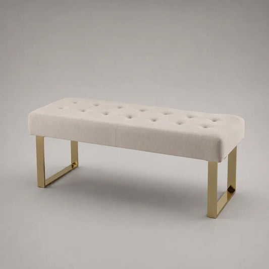 Banc bout de lit capitonné rectangulaire en polyester bouclé et acier doré, beige, 110 × 40 × 45 cm