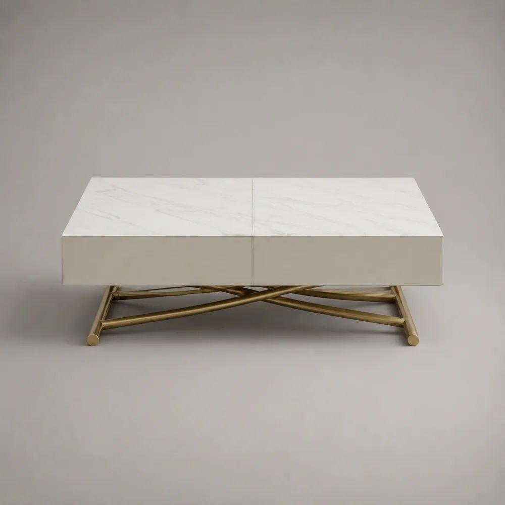 Table basse rectangulaire avec 2 tiroirs en MDF effet marbre blanc et acier doré, 100 × 60 × 40 cm