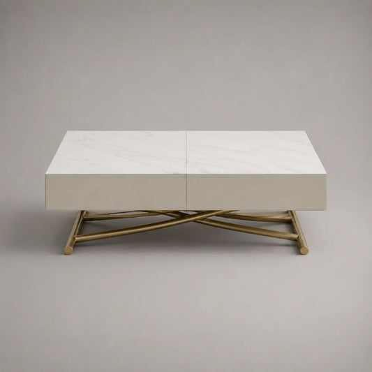 Table basse rectangulaire avec 2 tiroirs en MDF effet marbre blanc et acier doré, 100 × 60 × 40 cm