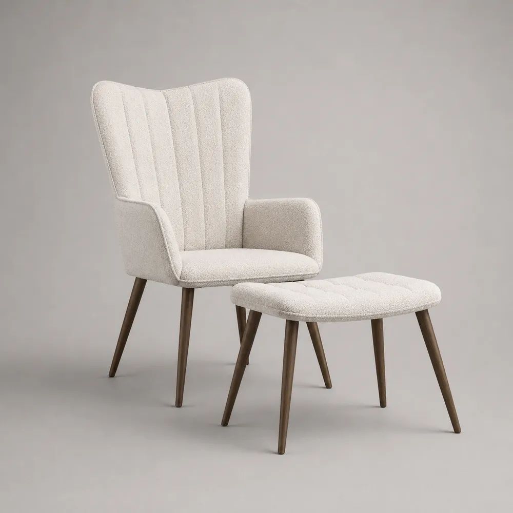 Fauteuil à oreilles avec repose-pieds, ensemble 2 pièces en tissu bouclé écru et bois brun noyer, 74 × 78 × 104 cm et 61 × 45 × 43 cm