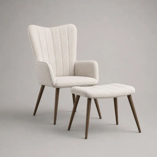 Fauteuil à oreilles avec repose-pieds, ensemble 2 pièces en tissu bouclé écru et bois brun noyer, 74 × 78 × 104 cm et 61 × 45 × 43 cm
