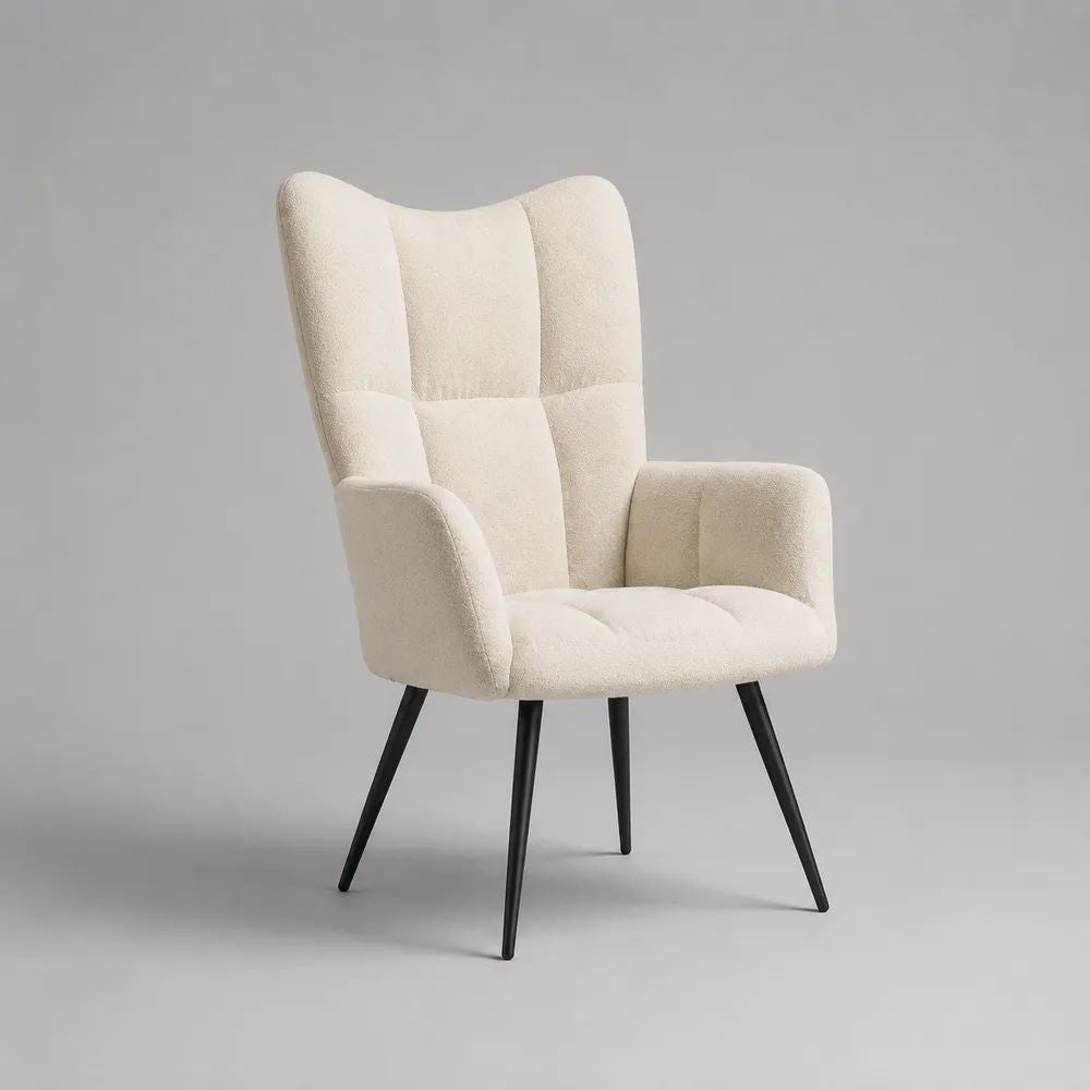Fauteuil de salon à haut dossier en tissu bouclé crème avec pieds en métal noir, 70 × 77 × 105 cm