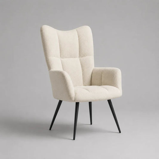 Fauteuil de salon à haut dossier en tissu bouclé crème avec pieds en métal noir, 70 × 77 × 105 cm