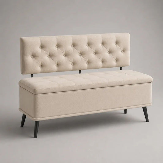 Banc coffre de rangement 2 places avec dossier capitonné en tissu beige et pieds en métal noir, 120 × 45 × 88 cm