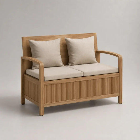 Banc de jardin 2 places en bois massif avec 4 coussins beiges, 120 × 65 × 85 cm